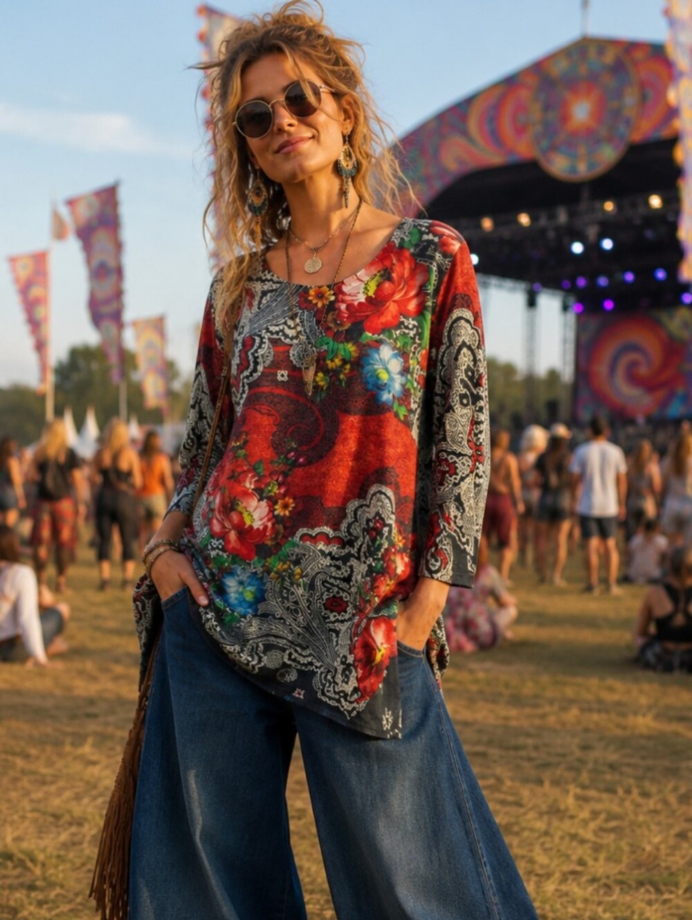 Amma Bohemian Paisley Colorful Floral Stretch Hippie Festival Knit Tunic Sz S